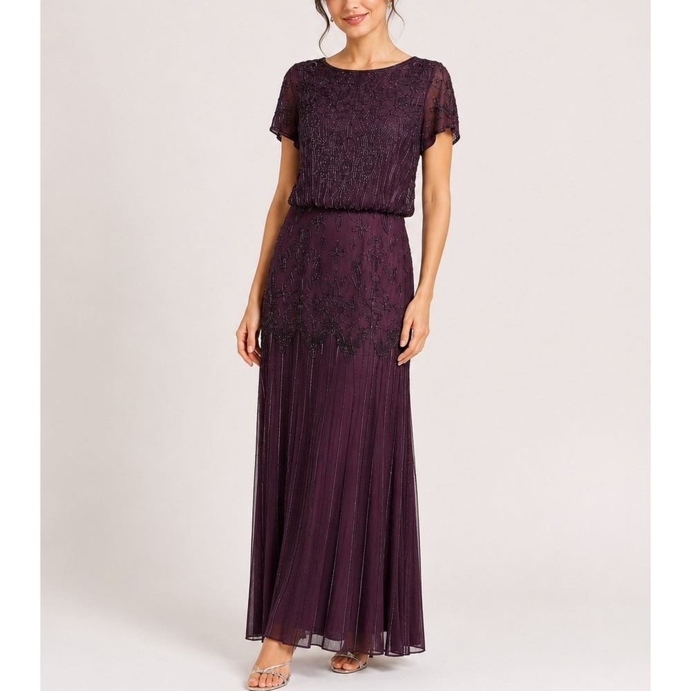 Adrianna Papell Dress Womens 12 Purple Beaded Blouson Maxi Evening Gown Formal